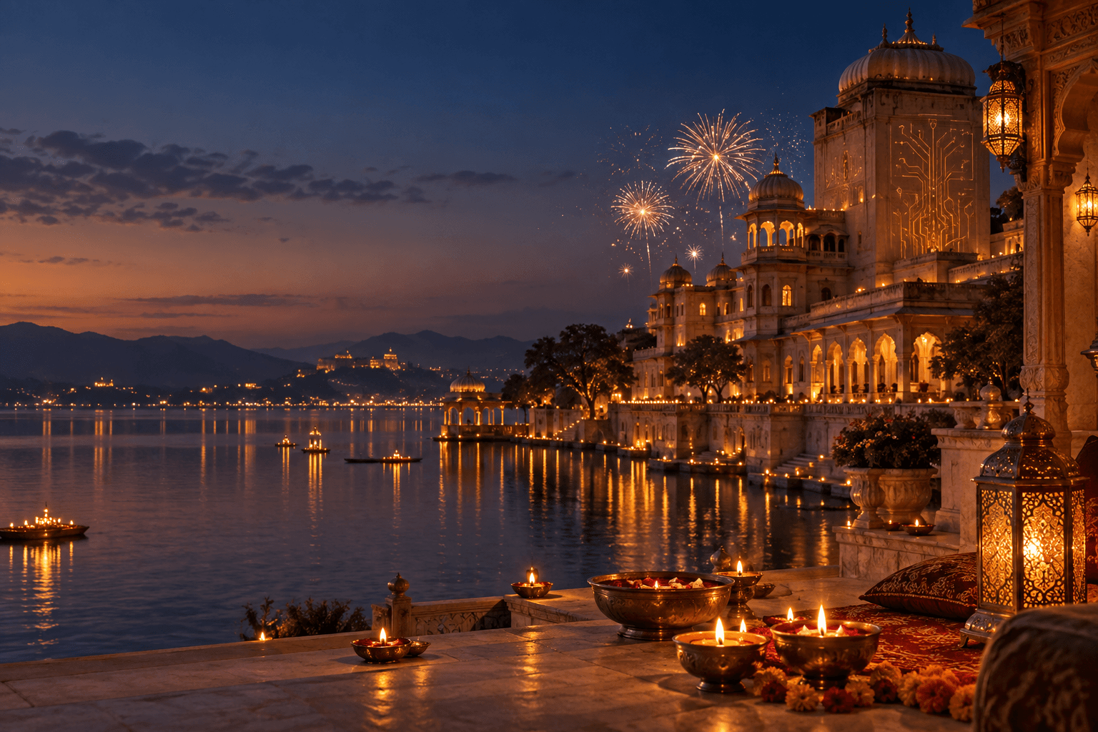 Indian architecture illuminated by warm lights and diyas during a Diwali evening.