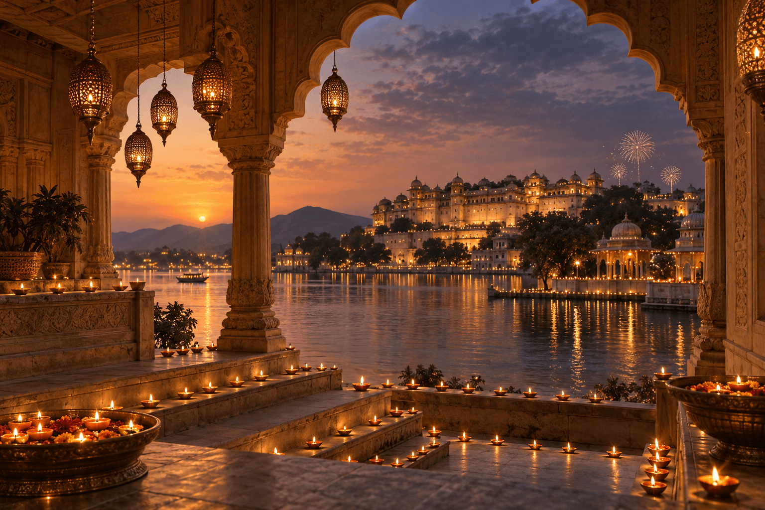 Diwali-inspired Indian architecture illuminated by diyas and warm festive lighting.
